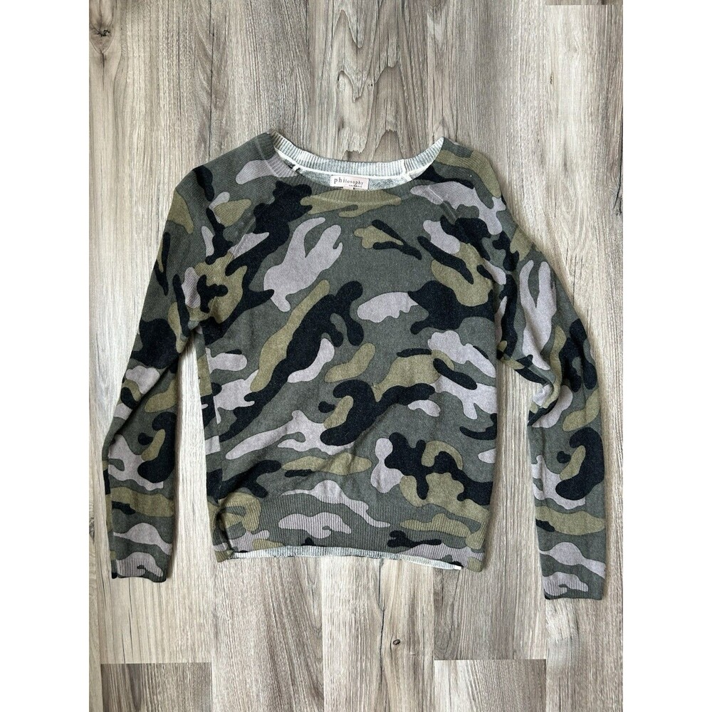 Philosophy 100% Cashmere Green Camo Sweater Sz  XS Camouflage Crewneck Pullover